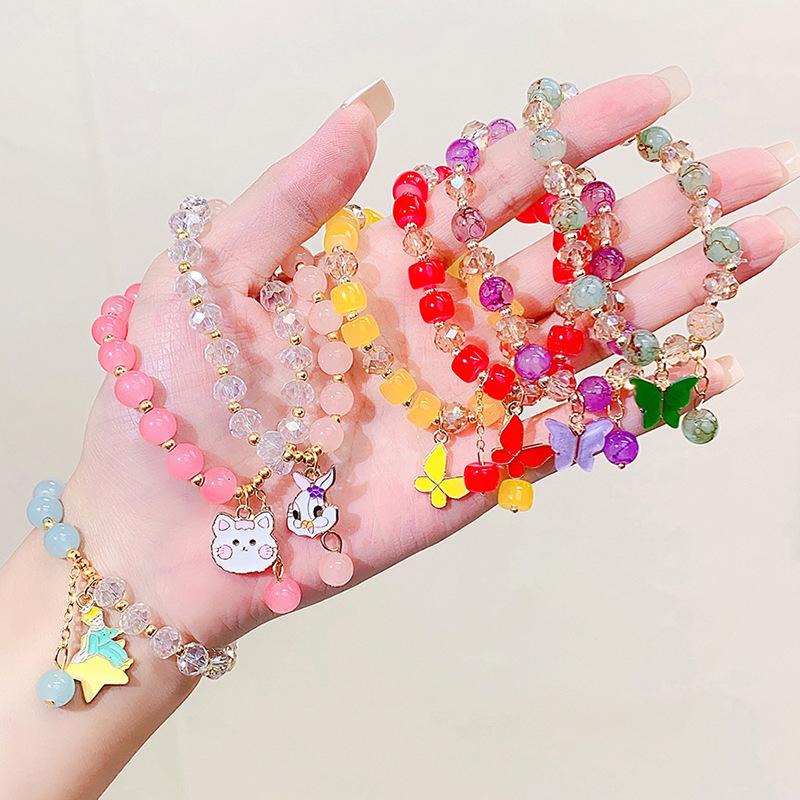 Cute Kids Glass Beaded Bracelet Princess Cartoon Crystal Flower Charm Bangle Handmade Jewelry Gift For Girls Students