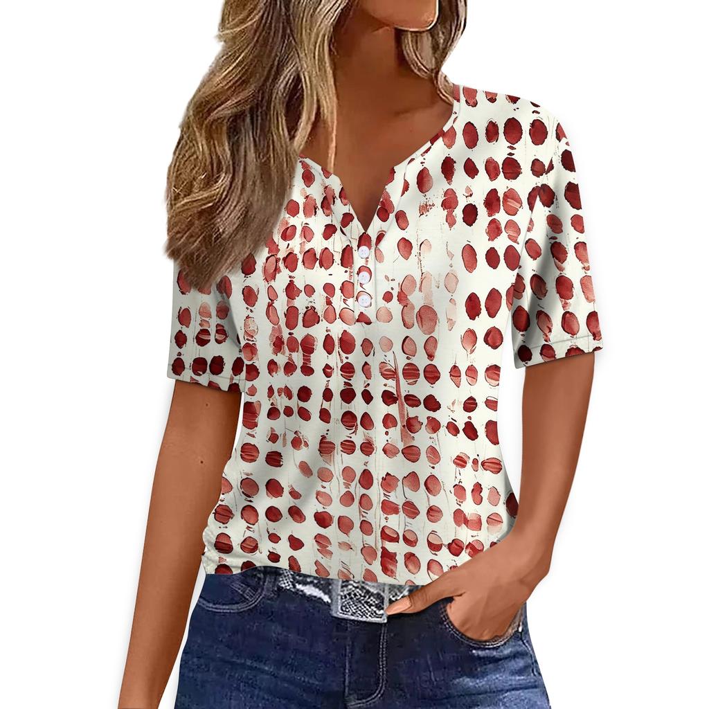 T-shirt décontracté pour femme à col en V, manches courtes, avec imprimé géométrique et boutons