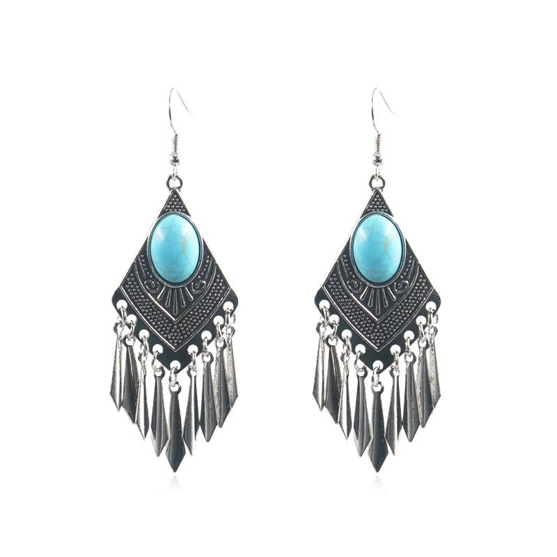 GemChic Women's New Vintage Rhomboid Natural Stone Long Tassel Fringe Earrings Ethnic Fashion Hook Earrings Birthday Christmas Jewelry Gift