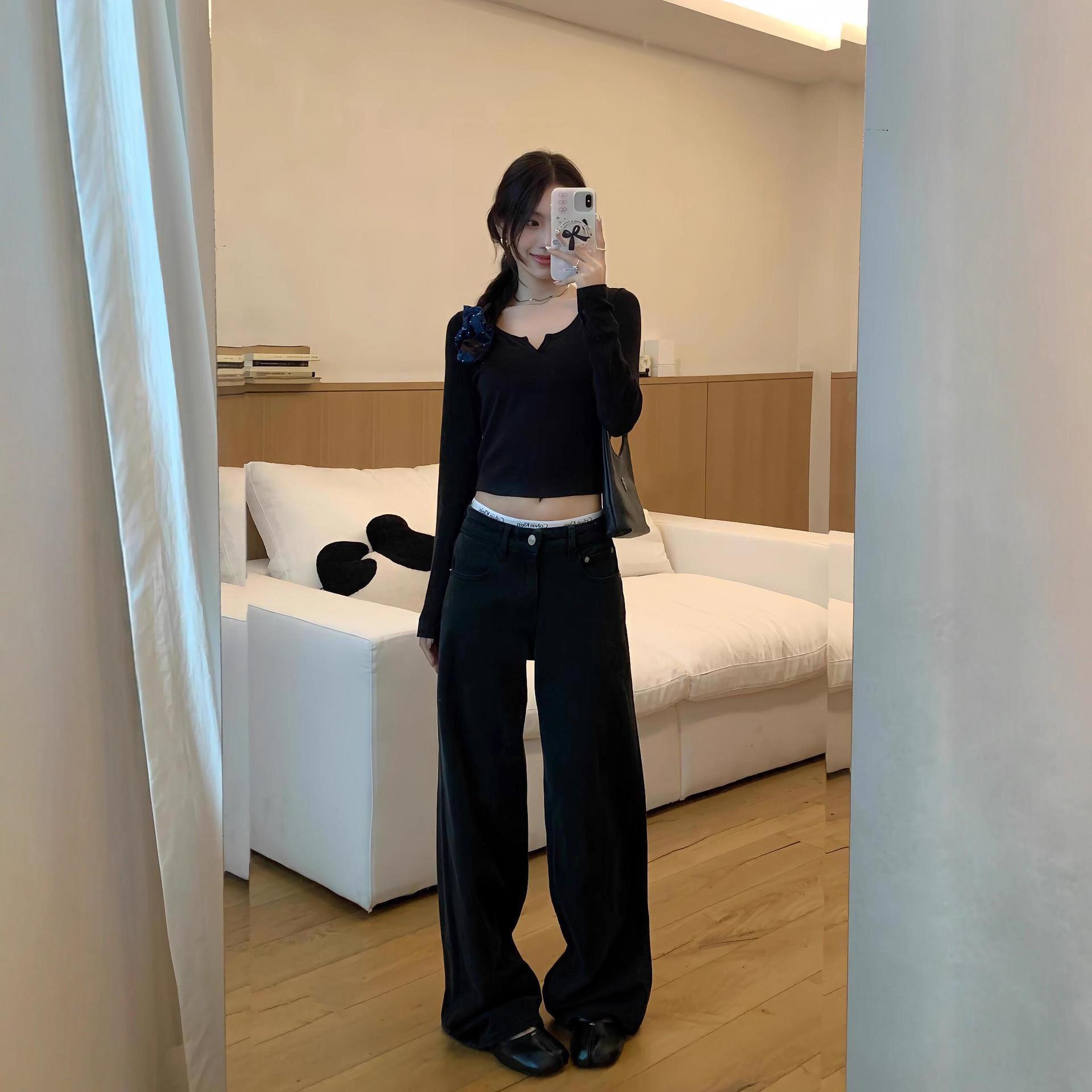 

Women s High Waist Straight Leg Jeans - 2025 Spring/Autumn New Style, Slimming, Loose Drape, Floor-Length Pants Extra Large чёрный