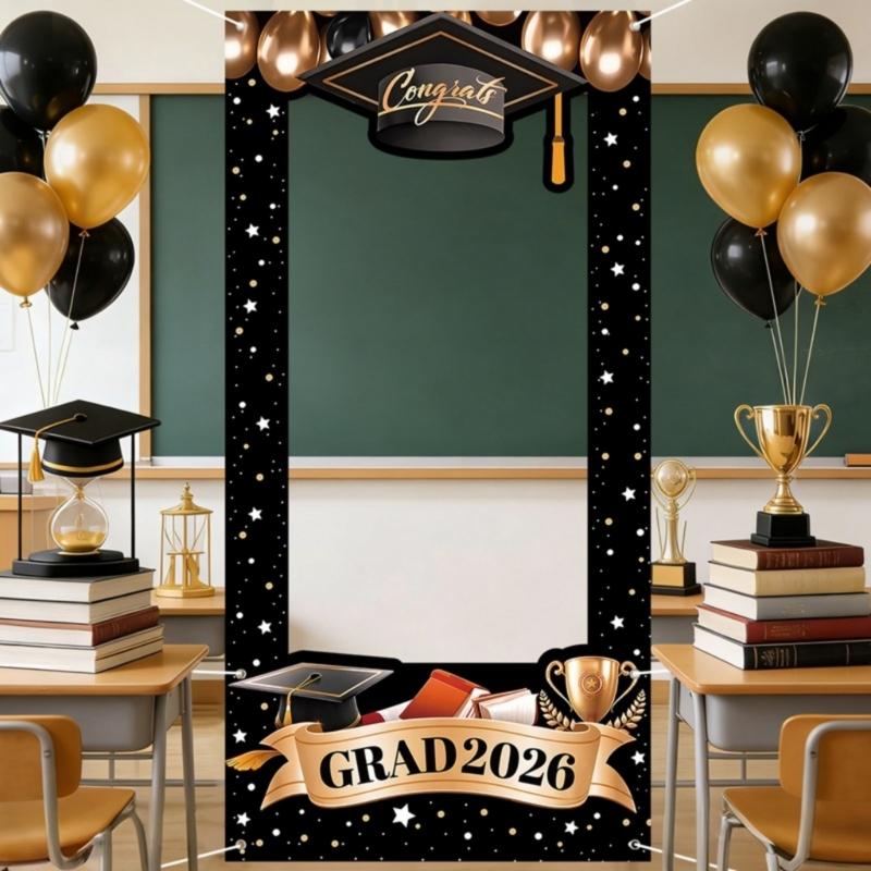 Black Gold Graduation Backdrop 2026 Banners With Star And Balloons Motifs Background For Photo Decorations 60X120CM