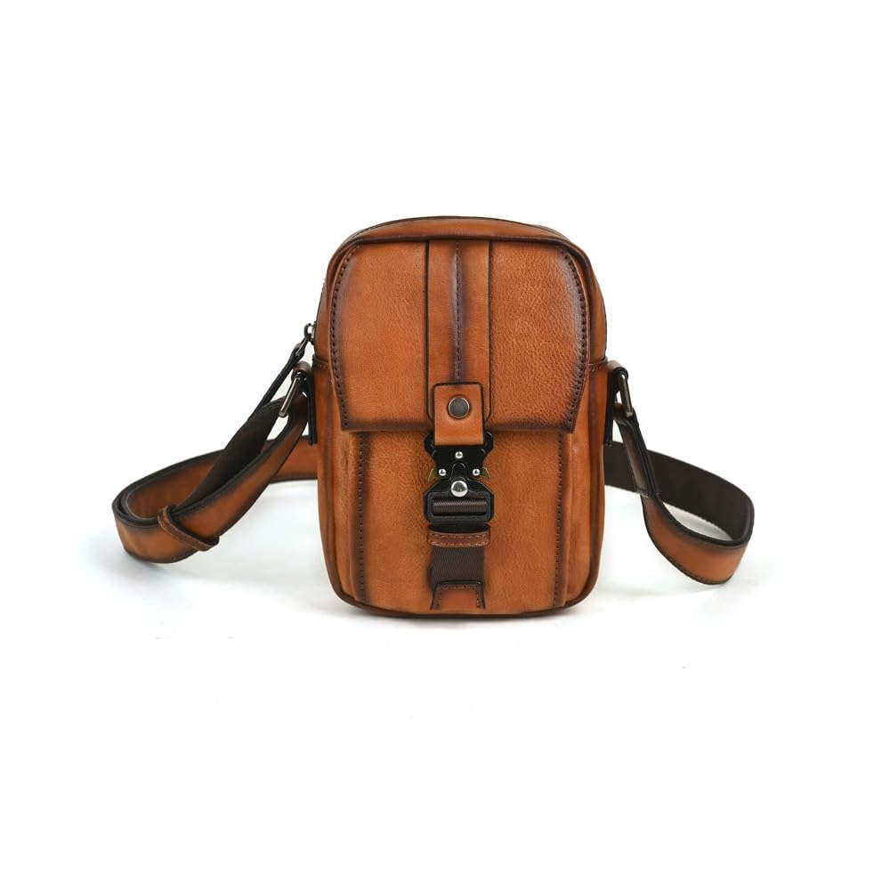 Whatna Antique-Style Tanned Natural Cowhide Leather Mini Shoulder Bag for Men, Crossbody Chest Bag, Perfect for Commuting, School, or Cycling, Small