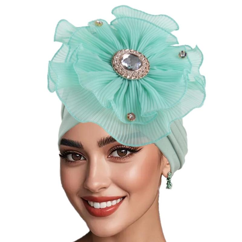 

Ruffle Flower Turban Hat Muslims Women Hat Elegant Polyester Fashionable Hat for Daily Wear and Social Gatherings зелений