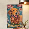 1pc Vintage Golden Retriever Dog Welcome Sign, Iron Metal Tin Wall Art, Floral Background, Home & Garden Decor, Cafe Bright Warm