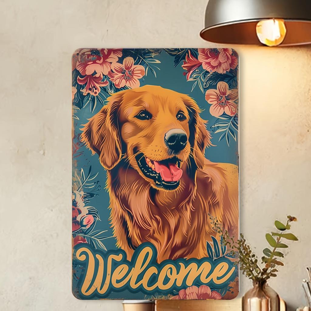 1pc Vintage Golden Retriever Dog Welcome Sign, Iron Metal Tin Wall Art, Floral Background, Home & Garden Decor, Cafe Bright Warm