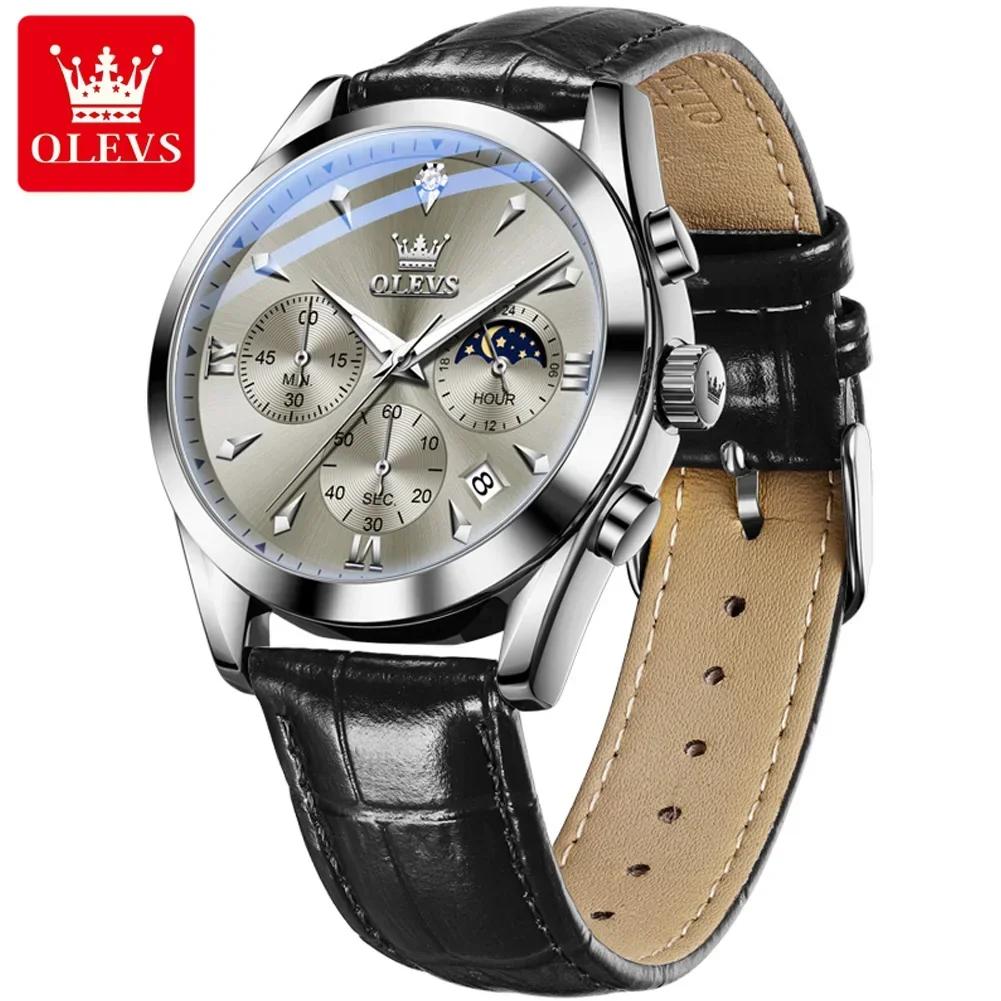 OLEVS 3609 Luxury Leather Quartz Mens Wristwatches Original Moon Phase Chronograph Waterproof Luminous Watch for Men Reloj Mujer