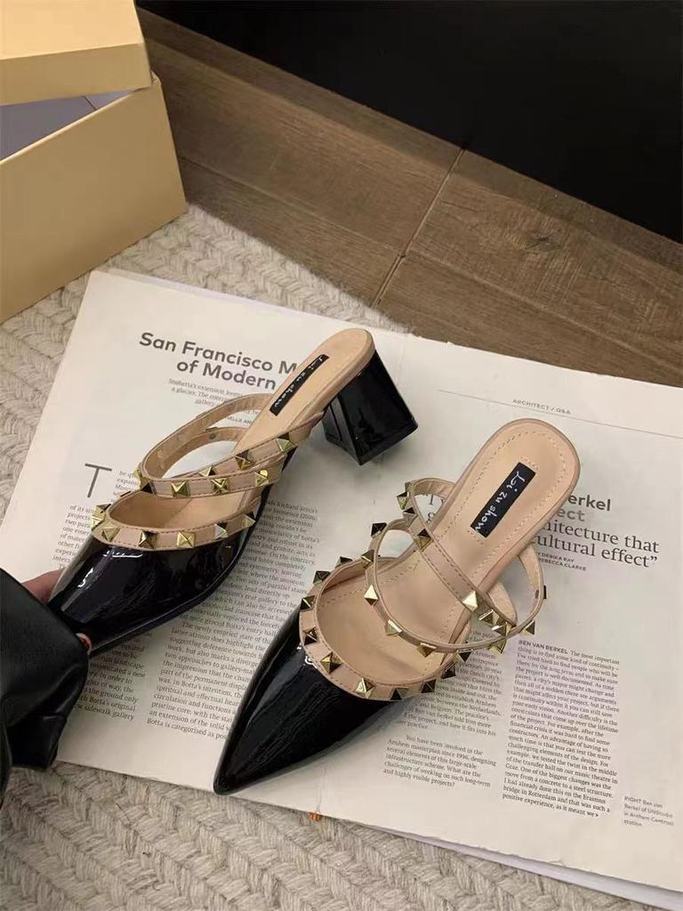 2025 new summer French rivets high-end high-heeled bag head half slippers women's pointed thick heel with skirt sandals
