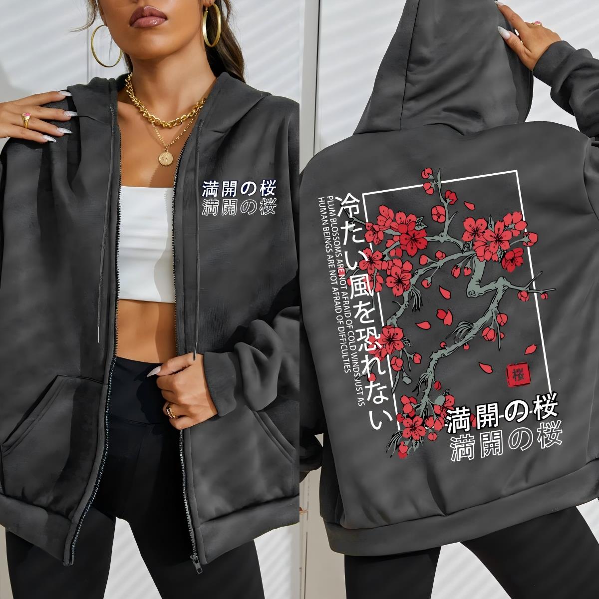 

Japan Tokyo Beautiful Cherry Blossom Creative Letter Prints Zipper Hoodies Women Autumn Streetwear Fleece Hoody S