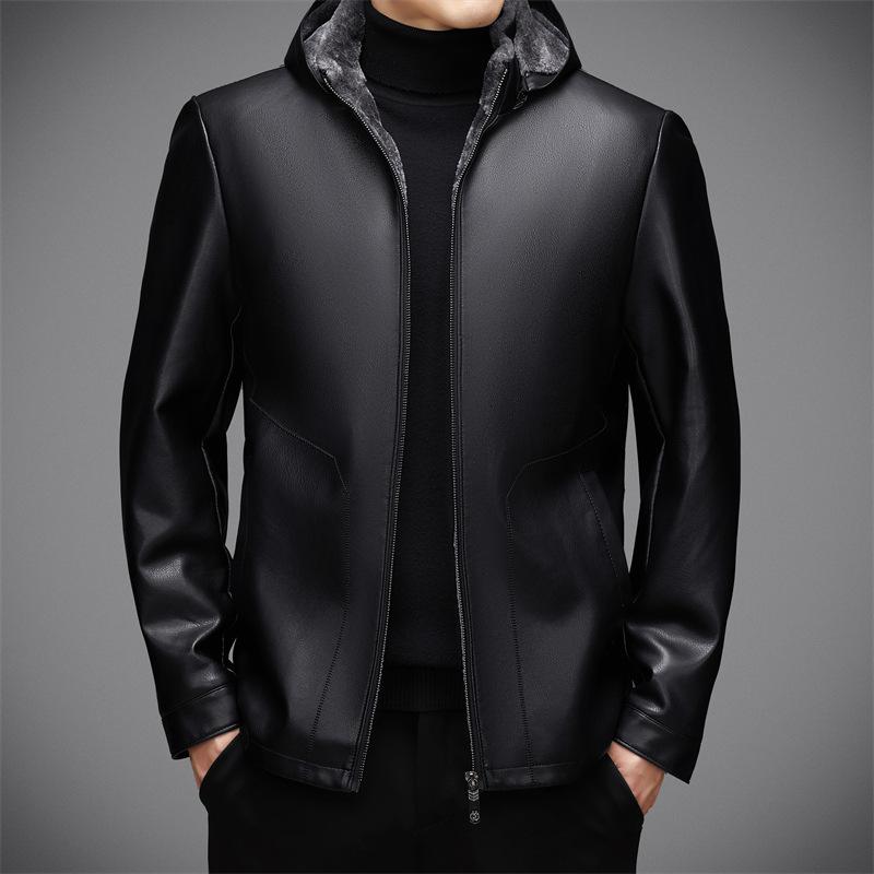 

Новая кожаная куртка с капюшоном для мужчин Зимняя Утепленная Бархатом Утолщенная Для среднего возраста Папа Деловая Повседневная Кожаная куртка 4XL чёрный