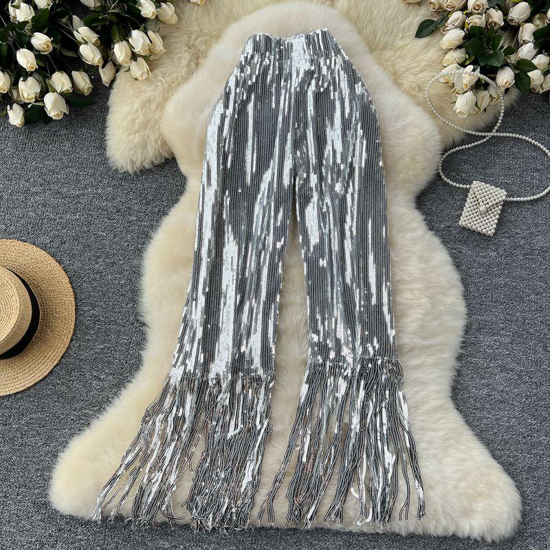 

High Waist Casual Bootcut Pants Heavy Industry Tassel Sequins Silver All yards