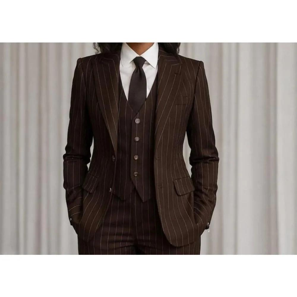 Dunkelbraunes gestreiftes Damenanzug 3-teilig Elegant Revers Einreiher Tragen Hochzeit Büro Dame Täglich Smart Casual Outfit