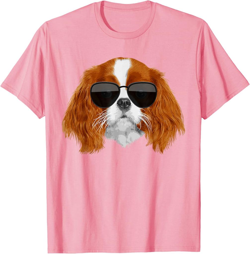 Cool Cavalier King Charles Sunglasses Dog Lover Graphic T-Shirt Soft Cotton Round Neck Tee