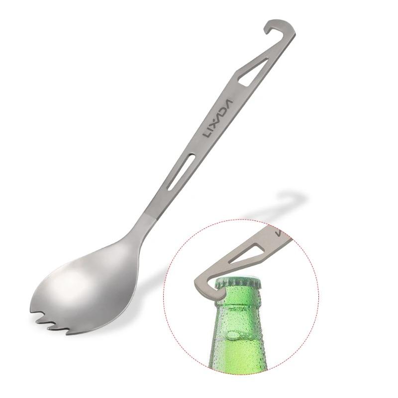Lixada 2 In 1 Outdoor Titanium Spoon Camping Tableware Bottle Opener Picnic Dinner Titanium Spork Fork for Travel Backpacking