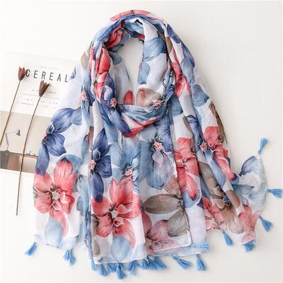 Floral Designer Viscose Women Scarf Winter Warm Shawl Tassels Hijab Wraps Foulard Neckerchief Cotton Linen Feeling Scarves