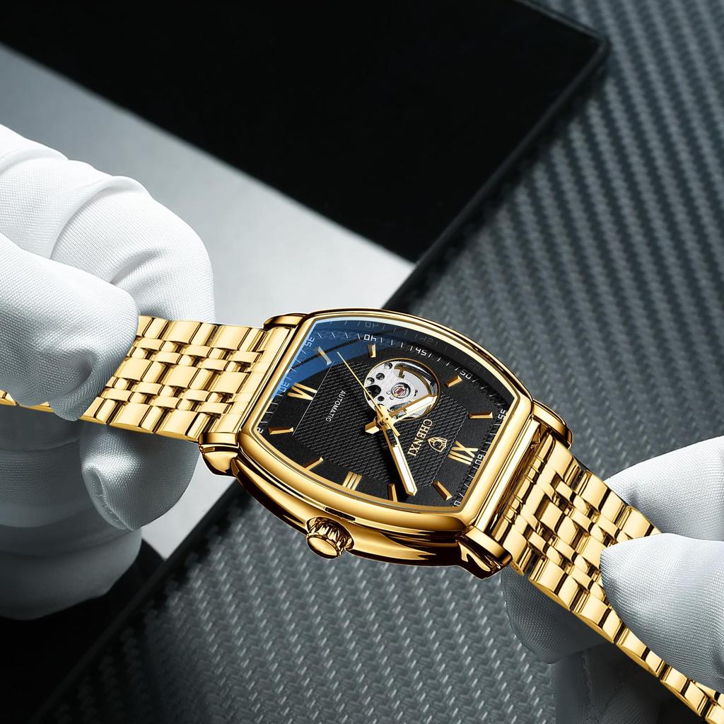Square Open Heart Stainless Steel Birthday Gold Black Men's Watch Cool, Stylish, Popular, Fashionable, Formal, Business, Gift, Anniversary, - &