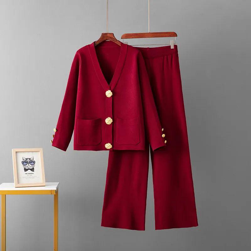 Cross-Border European Goods Casual Fashion Two-piece Set Women Autumn and Winter Versatile Metal Buckle Knit cardigan Sweater Wide Leg Pants Set