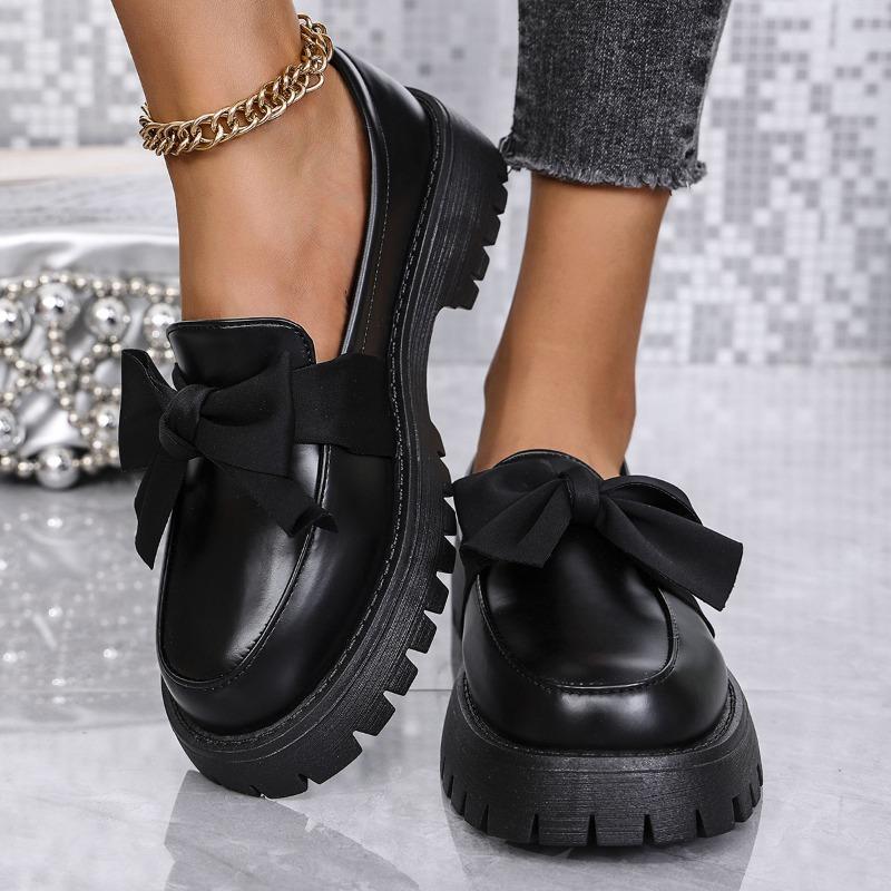 Large size bow women's spring and autumn new platform middle heel lazy retro small leather shoes