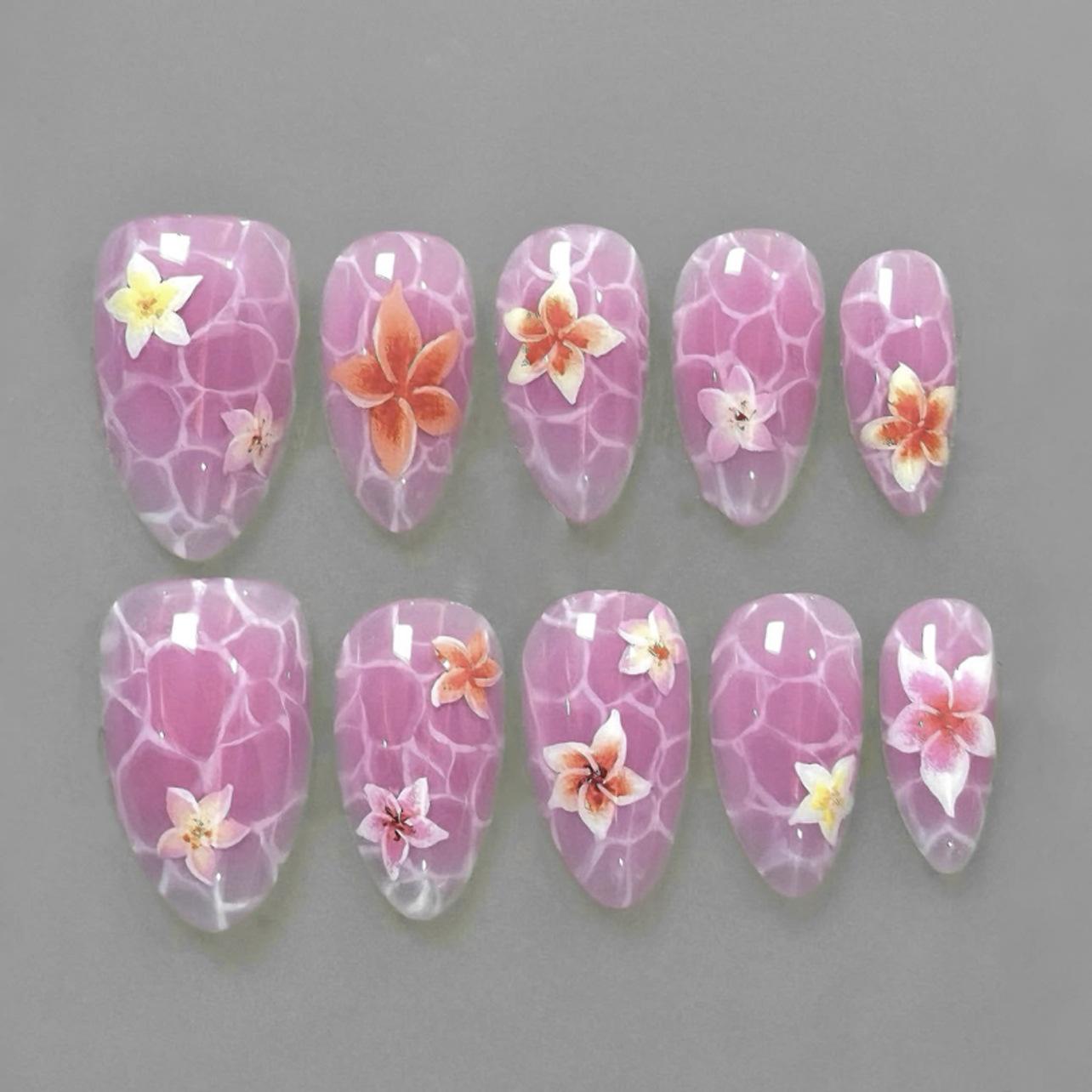 Marble pattern wearing nail fresh summer flower manicure fake nail short almond hot-selling nail piece