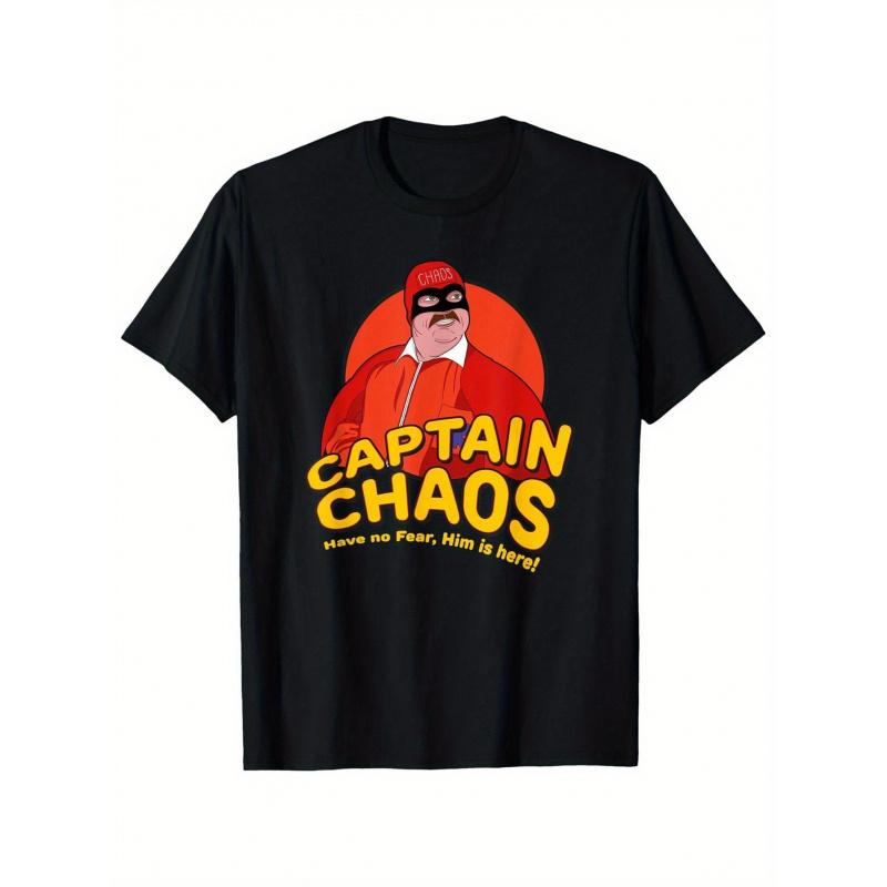 Men'S Captain Chaos Graphic T-Shirt - Have No Fear Him Is Here Slogan & Bold Yellow/Red Cartoon Design, Black with White Print, Regular Fit Short