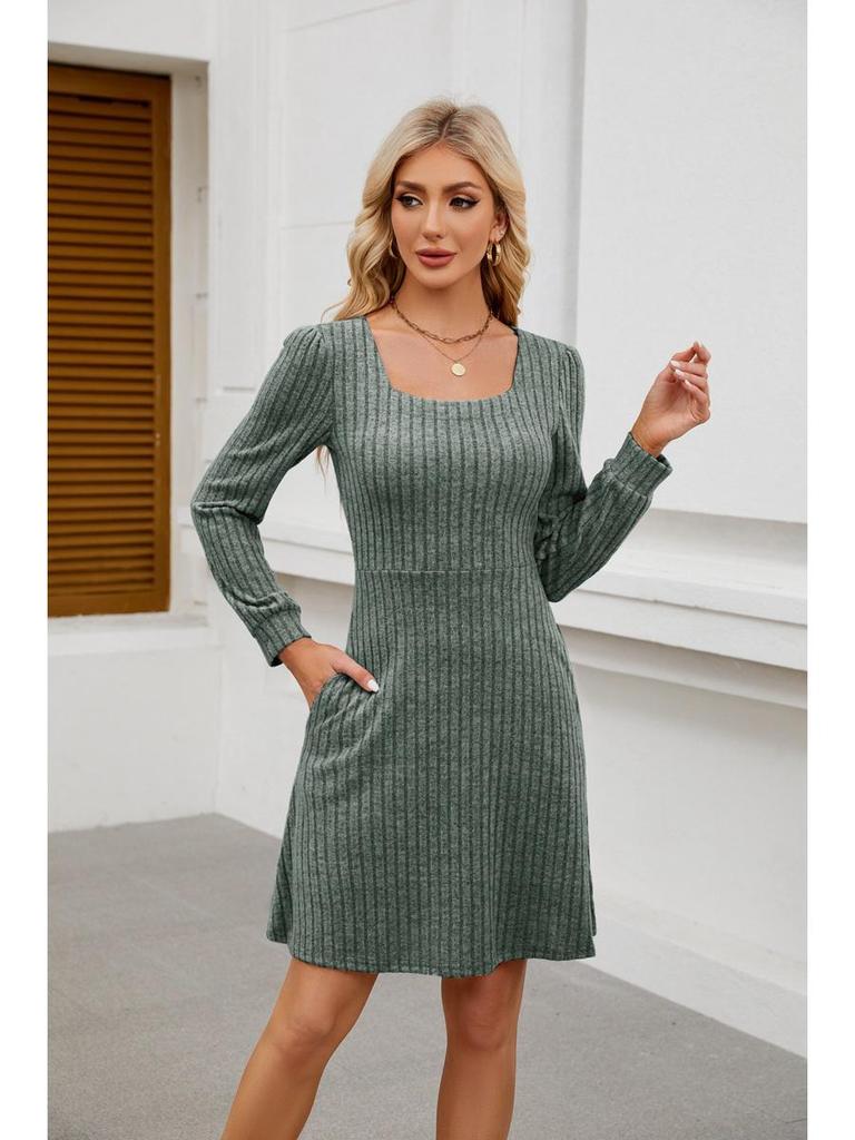 2025 Women's Square Neck Pocket Knit Sweater Dress - Long Sleeve Casual Fashion
