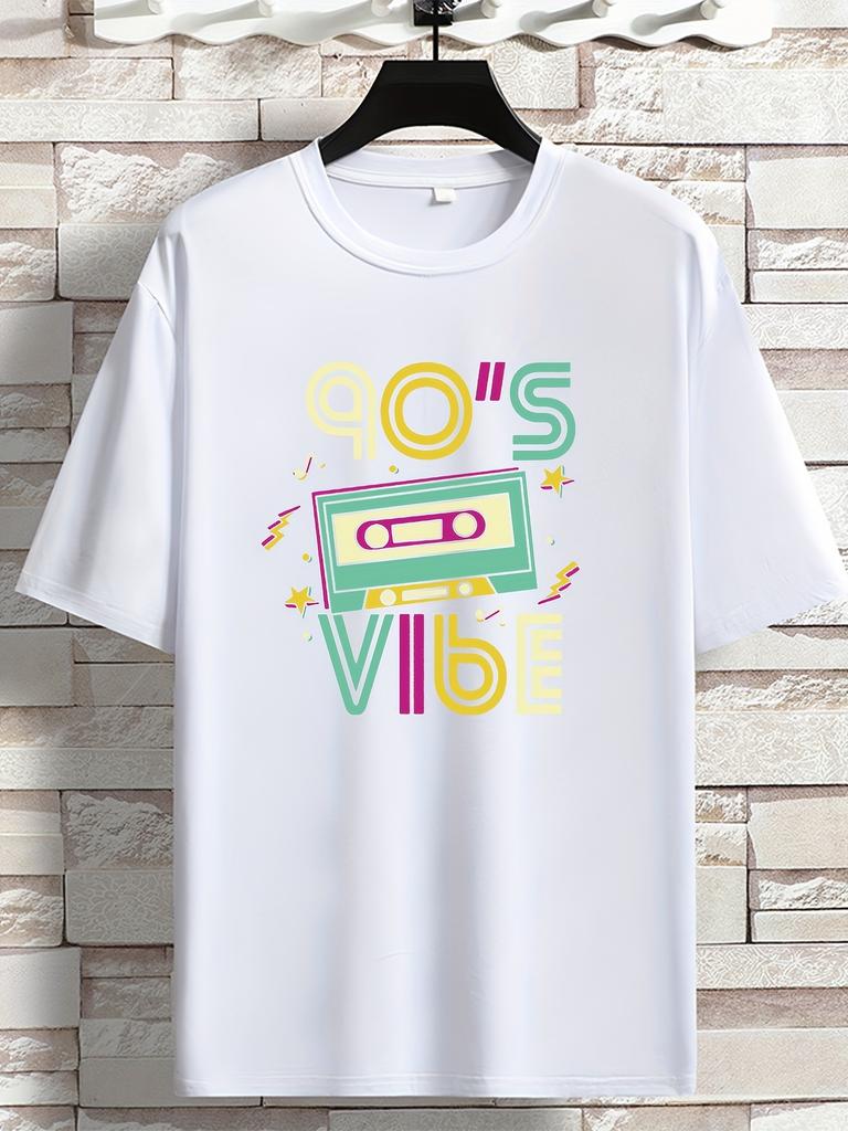 Unisexs Retro Music T Shirt 90S Vibe Old Cassette Tape Color Letter Graphic Print Short Sleeve Crew Neck Casual Cotton Male Tee