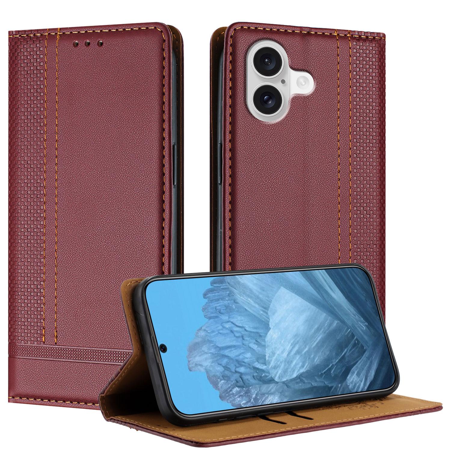

For iPhone 17 Case L-Shaped Grid Pattern Leather Stand Phone Cover with Card Slots Wine Red