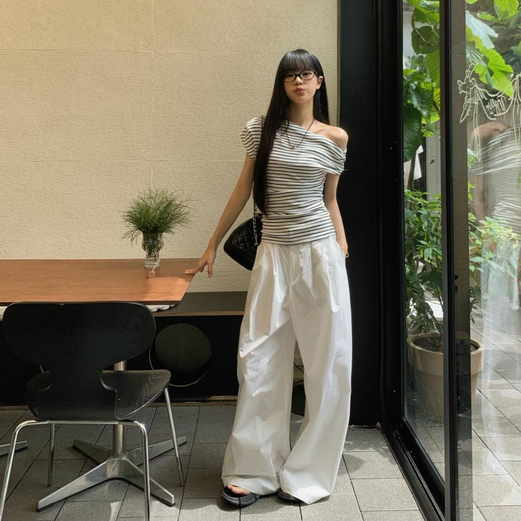 Women Spring Summer Off Shoulder Striped Sleeveless T-shirt O-Neck Slant Shoulder Blouses Pullover Top S-XXL