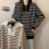 Women's Fleece-Lined Striped Half-Zip Polo Hoodie, Korean & Hong Kong Style, Loose Fit, Retro Chic, Perfect for Autumn & Winter