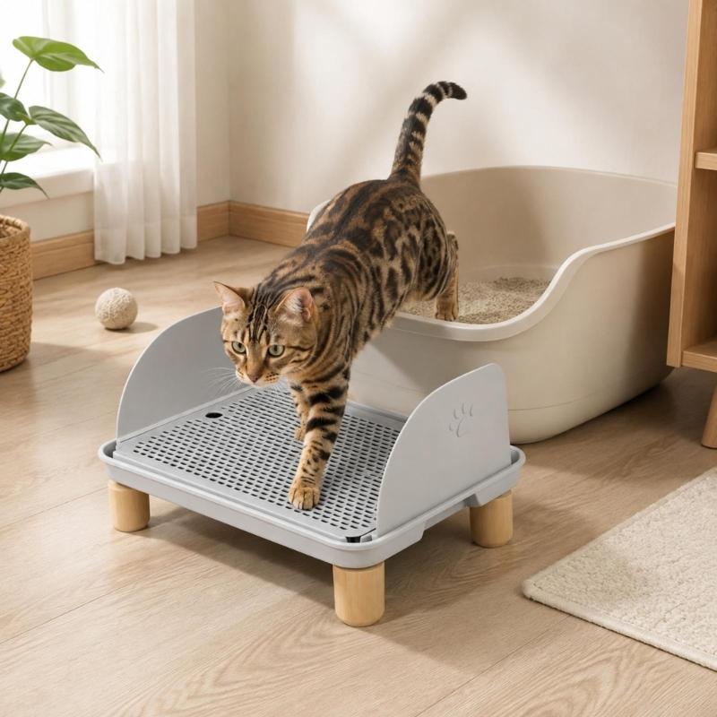 Pet Litter Tray Step with Perforated Top and Entry Platform, Side Guards and Wooden Legs for Kittens Senior Cats Home Daily Y5GB
