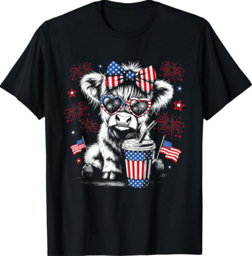 Patriotic Bow Sunglasses Highland Cow Fireworks USA Flag T-Shirt M