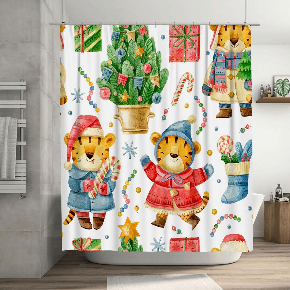 Christmas Collection Shower Curtain Tiger Family Party Decorations with Candy Cane Gifts Festive Home Decoration