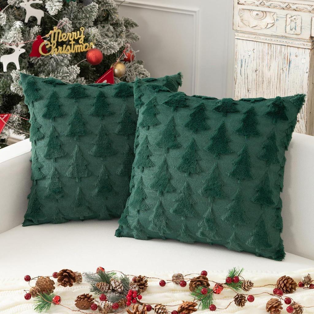 Christmas Tree Fleece Cushion Cover with Star Embroidery - Holiday Sofa Decoration Pillow Cover
