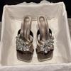 Fairy, Rhinestone Bow, Medium Heel, Cool Slippers, Female Summer 2025 New Fashion, Open-toed One-word Drag