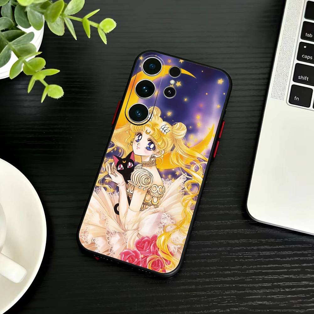 Kreslený kryt na telefon I-Sailor M-Moon pro Samsung S26, S25, S24, S23, S22, S30, S21, Ultra, Plus, FE 5G Černý měkký kryt