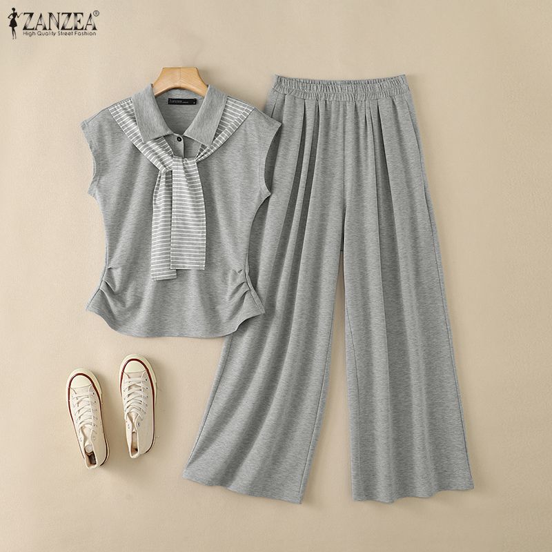 ZANZEA Women Sleeveless Blouse and Long Pants Casual Two Piece Suit Set