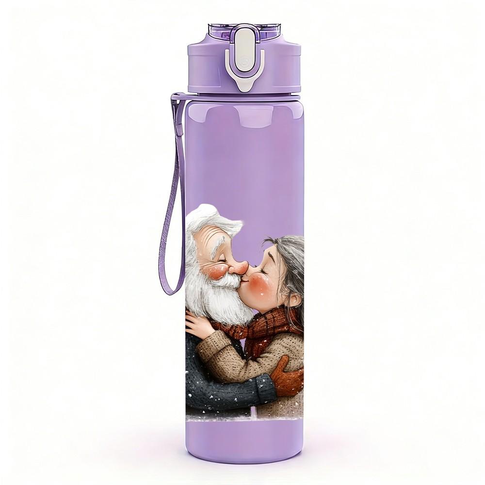 1PC Warm Hug Old Couple Portrait Pattern 750ml Color Plastic Sports Water Bottle Leakproof Flip Straw Lid Suitable for Sports Office Home Use