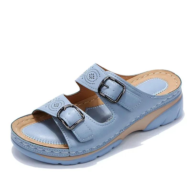 Women Closed Toe Summer Shoes 2025 New Comfort Double Buckle Wedge Ladies Sandals Plus Size Platform Casual Slippers Women
