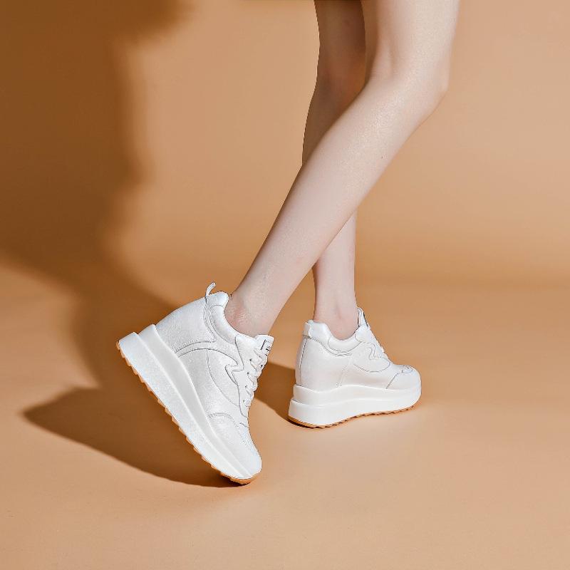 Women's White Genuine Leather Platform Shoes - 10cm Height Increase, Thick Sole, Versatile for All Seasons