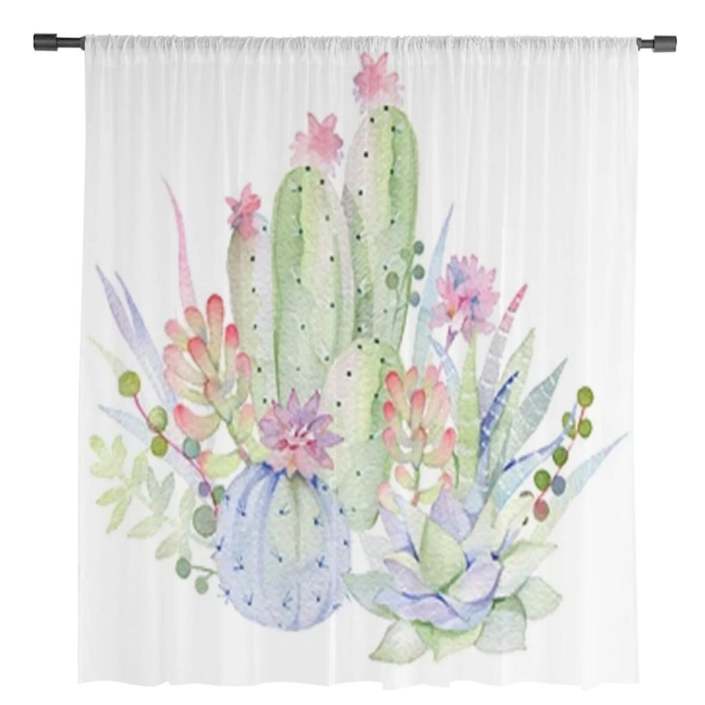 Succulents Painted Watercolor Sheer Curtains Bedroom Voile Curtain Living Room Window Sheer Curtains Kitchen Tulle Drapes
