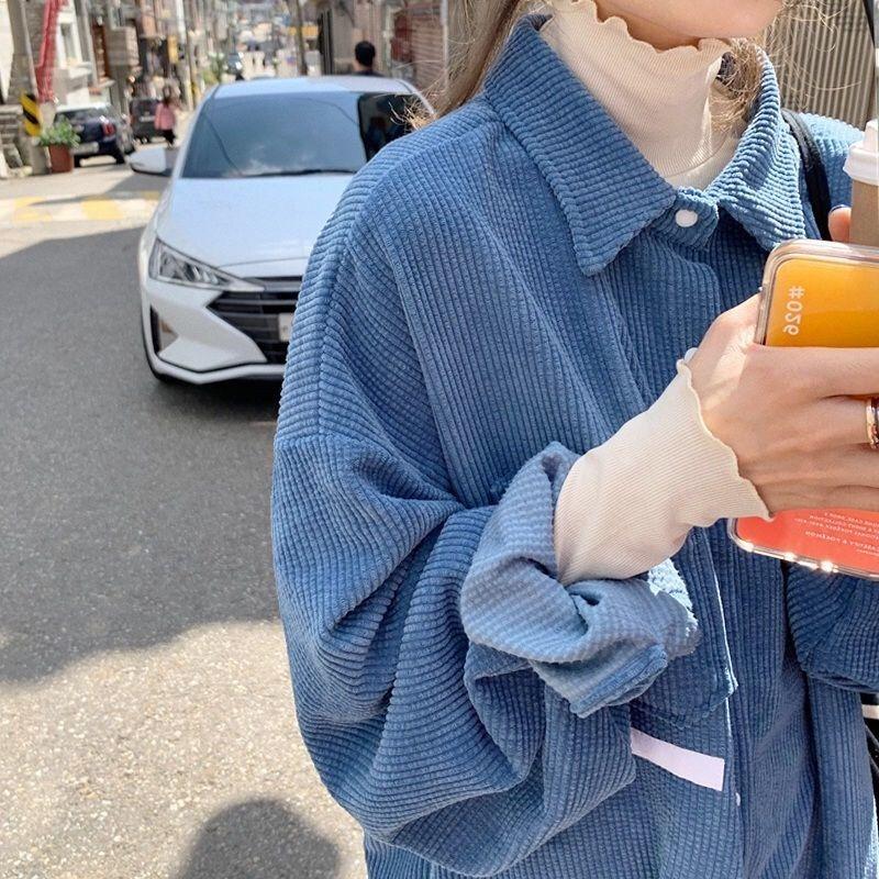 Woman Pocket Decoration Soild Colour Shirts Japanese Retro Loose Long Sleeved Shirt Autumn Women's Versatile Single Breasted Top