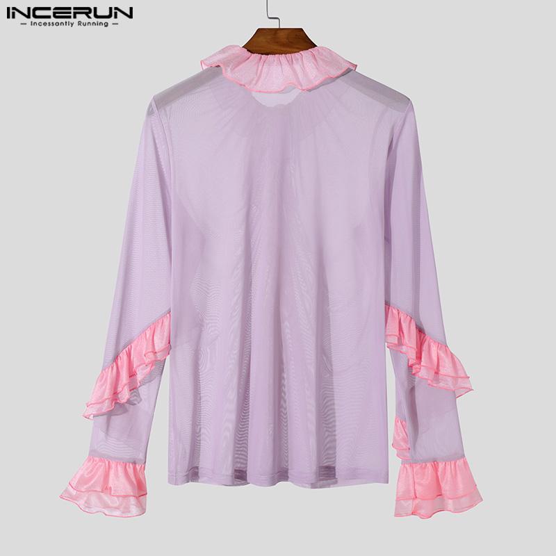 INCERUN Men Long Sleeve Ruffled Hem See Through Tops Party Mesh Shirts