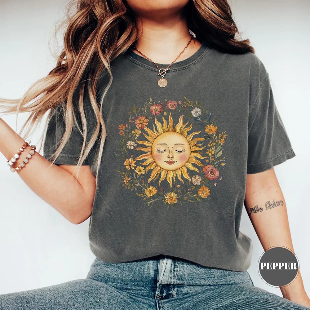 Boho Spiritual Sun Cute Bohemian Comfort TShirt Vintage Women Hippy Floral Outfit Apparel Trendy Y2K Casual Daily Streetwear