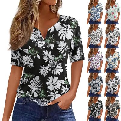 Mujer Camiseta Camiseta Estampado Botón Manga Corta Diario Fin de Semana Moda Básico Escote en V Regular Top
