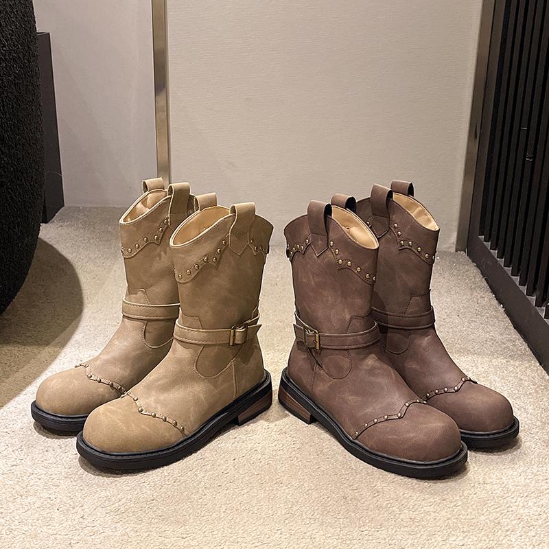 Fashion Autumn V-rivet Belt Buckle Ankle Boots 2024 Warm English Heel Plus Fleece Knight Vintage Boots