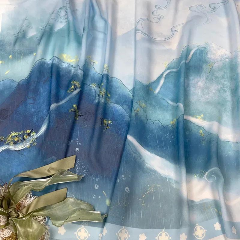 Chiffon Fabric Chinese Landscape Printing Translucent Ancient Style Hanfu Linen Cloth for Costume Dance Dress Cloth Sewing Diy
