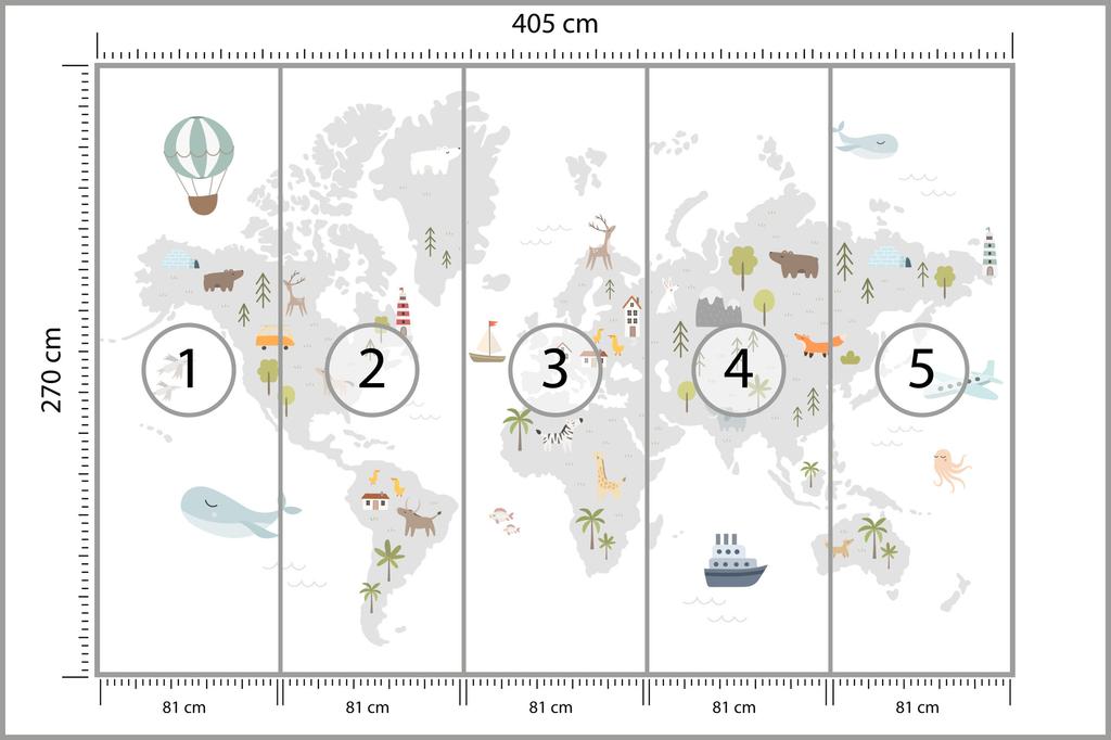 Photomural World Map With Cute Animals In Cartoon Style. Map For Nursery, Kids Room With Nature, Animals, Transports. Skandi Smooth Vinyl 405x270
