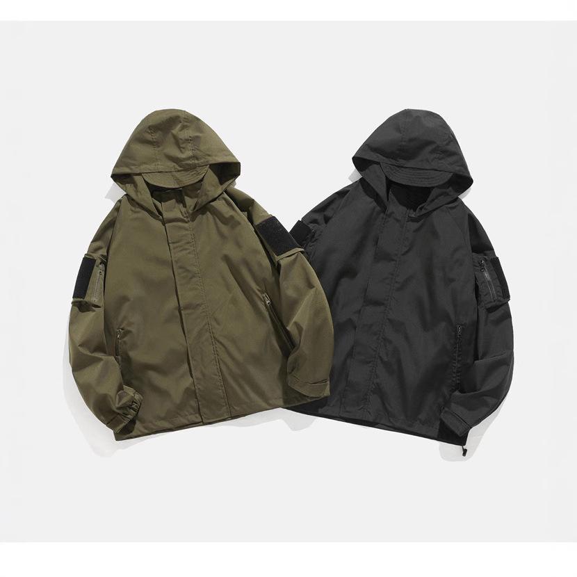 Men's Trendy Velcro Hooded Windbreaker: Casual Loose Fit Jacket for Spring & Autumn