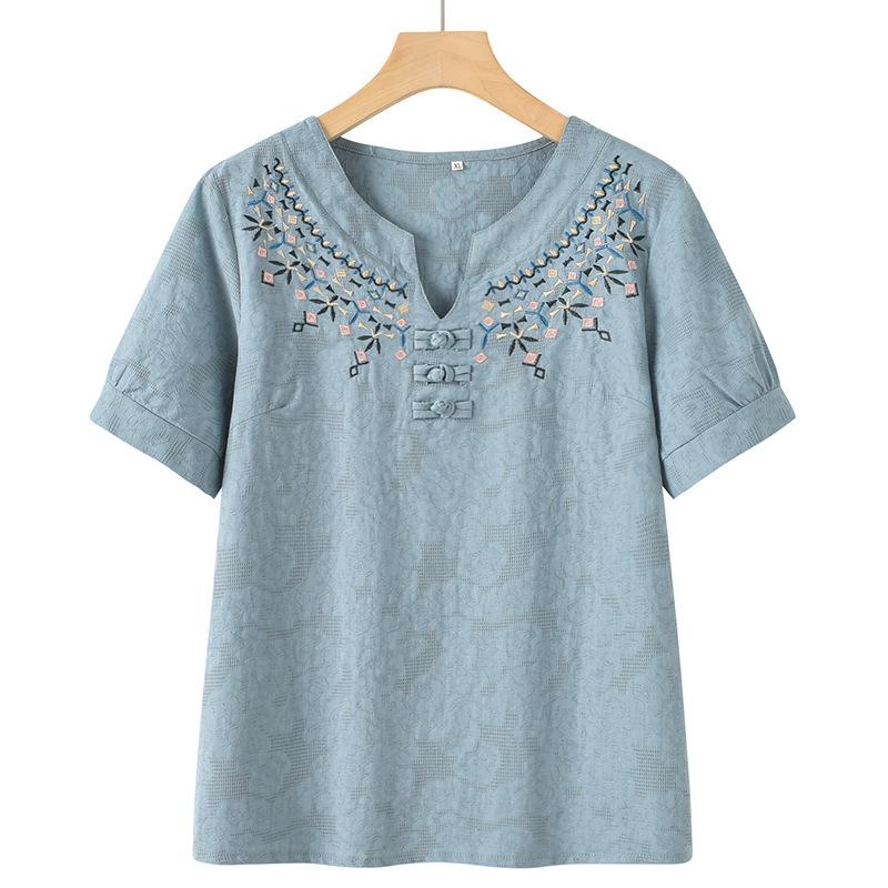 Women's Elegant Loose Casual Top Solid Color Plus Size Button Cotton Linen Short Sleeved Plus Size T-shirt