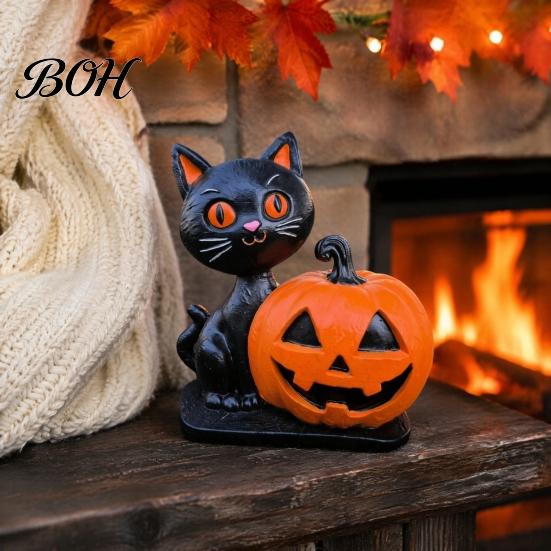 Decorative Resin Statues Halloween Black Cat Pumpkin Skull Statue, Cute Decoration for Durable Party Supplies Indoor Outdoor Yard Table Decor, Festive