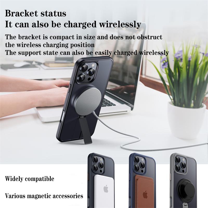 Matte Transparent Magsafe Phone Case for iPhone 16 15 14 13 12 Pro Max Plus Aluminum alloy 360 ° Rotating Bracket Magnetic Cover